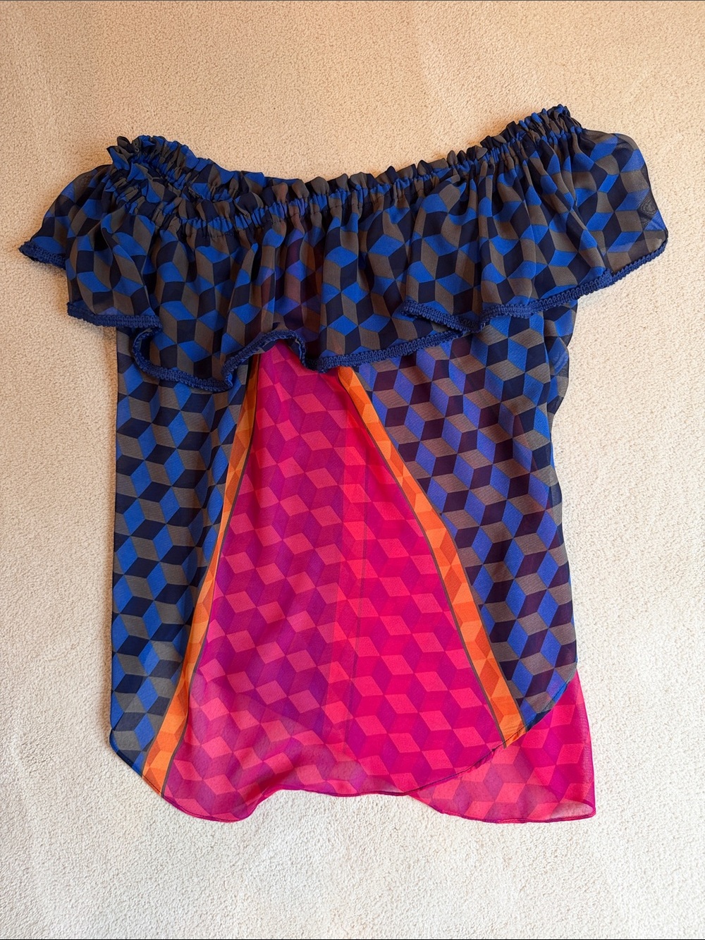 Off-Shoulder Sheer Geometric Print Women's Top in Blue and Pink